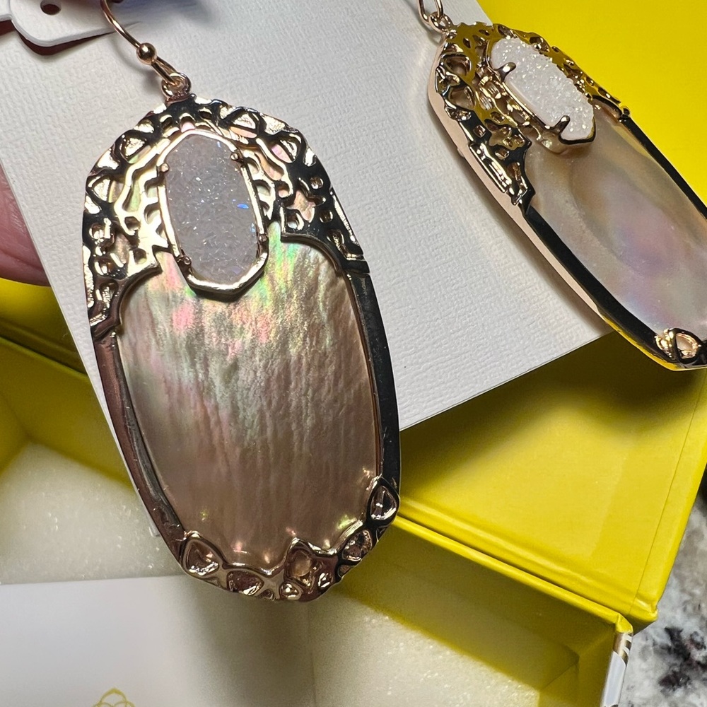 NWT Kendra Scott Deva Earrings Rose Gold Brown Pearl & Iridescent Drusy So RARE! - Picture 11 of 12
